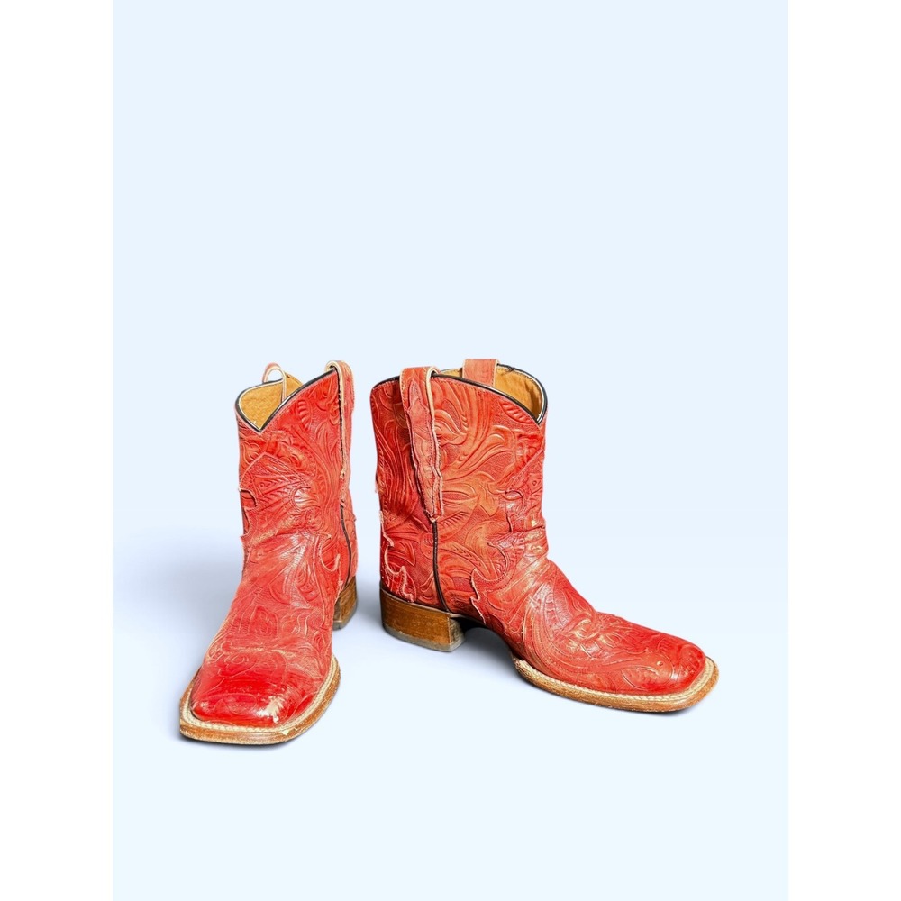 Vintage Dan Post Red Tooled Leather Cowboy Boots Women 7.5 M Square Toe Western - Picture 3 of 12